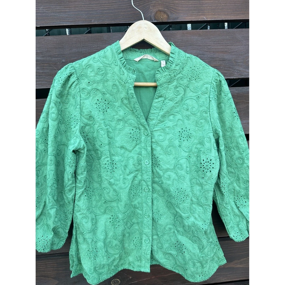soft surroundings Womens Green Embroidered Lace button up blouse *Size XS